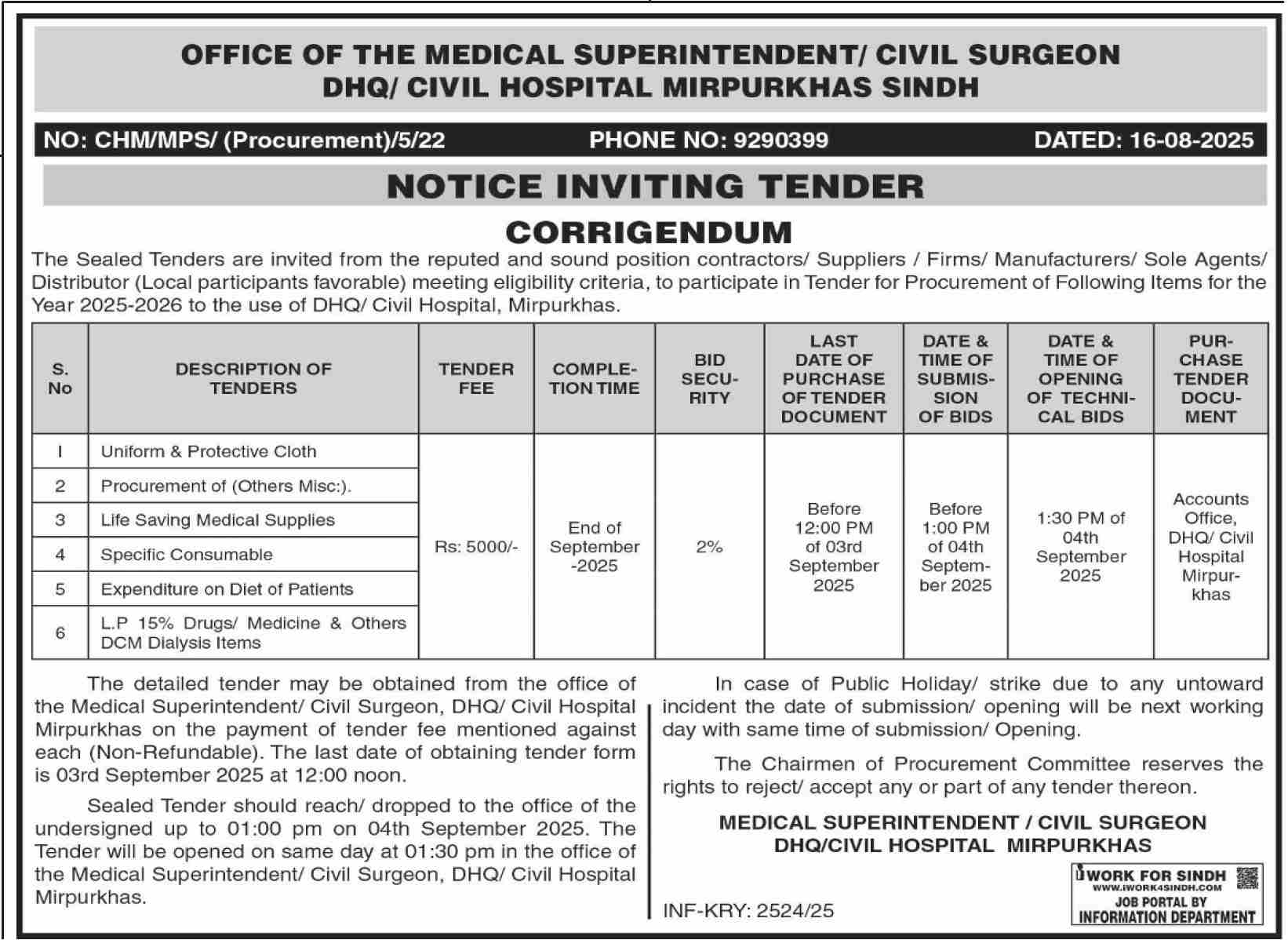DHQ Hospital Mirpurkhas Tender Notice